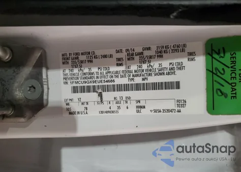 2014 Ford Escape Se from USA, damaged, VIN 1FMCU9GX9EUE54686